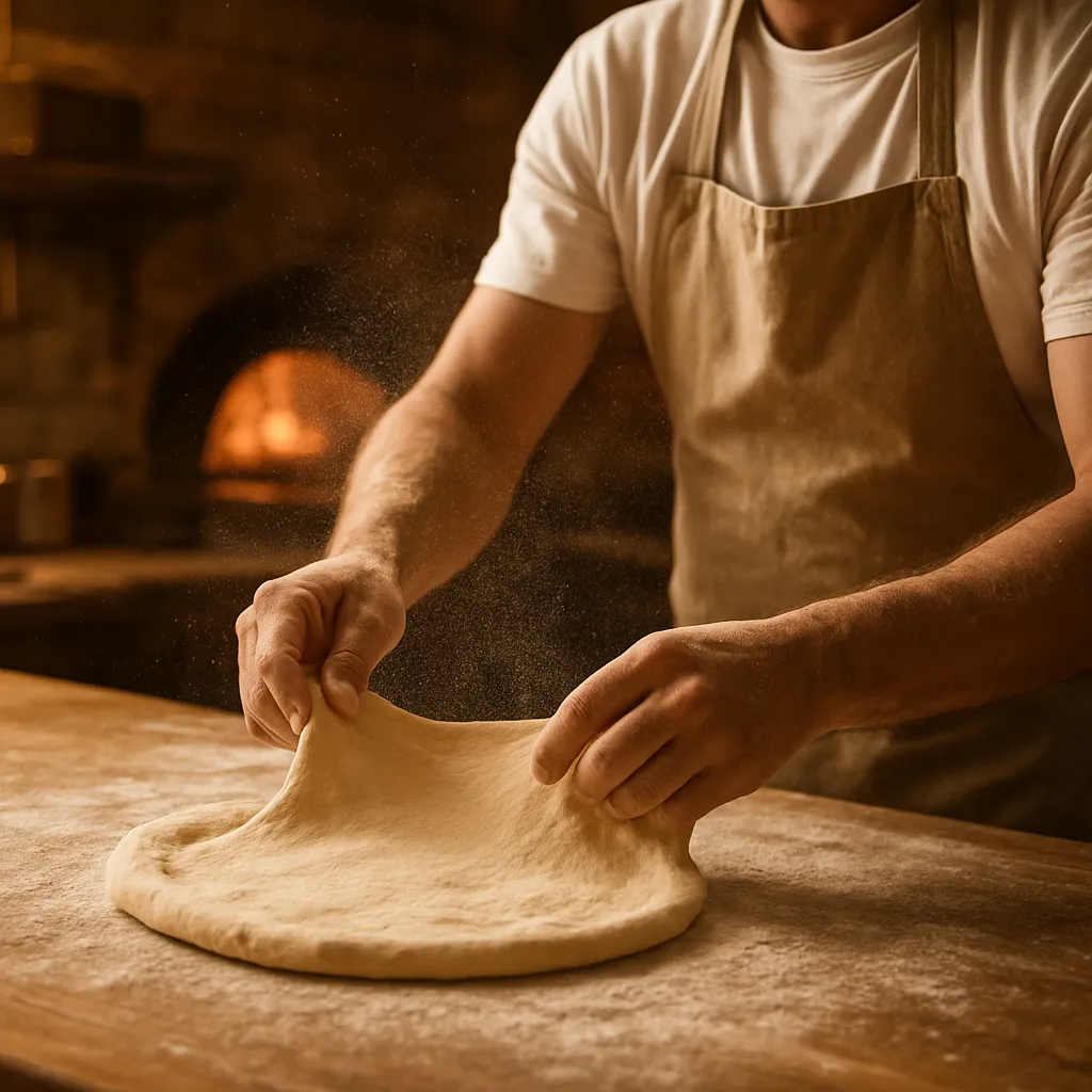 Pizzaiolo che stende l'impasto